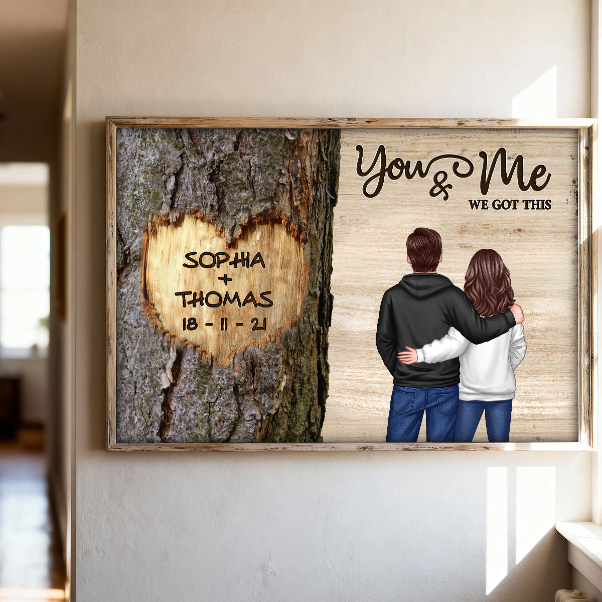 Couple Standing Side By Side Back View Heart Carved Tree - Personalized Poster - Anniversary Gift, Valentine's Gift For Him, For Her