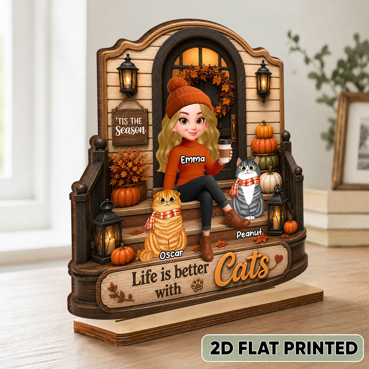 Life is Better with Cats - Personalized 2-Layered Wooden Plaque - Fall Decor for Cat Moms