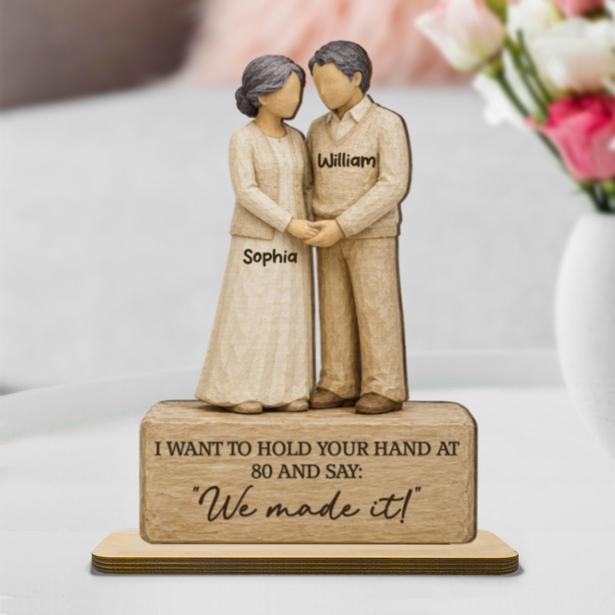 Old Couple Holding Hands 2D Flat - Personalized 2-Layered Wooden Plaque - Anniversary Gift For Couple