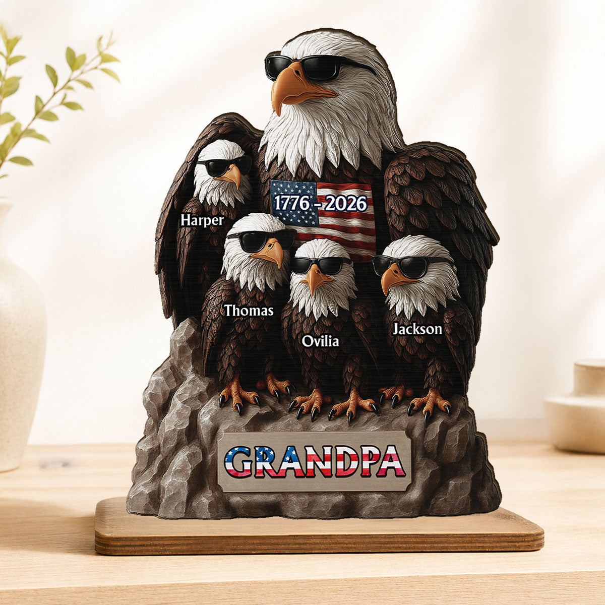 America 250th Anniversary Patriotic Eagle Grandpa Dad & Kids - Personalized 2-Layered Wooden Plaque -  Gift, 250th Anniversary Gift, Keepsake For Grandpa, Dad