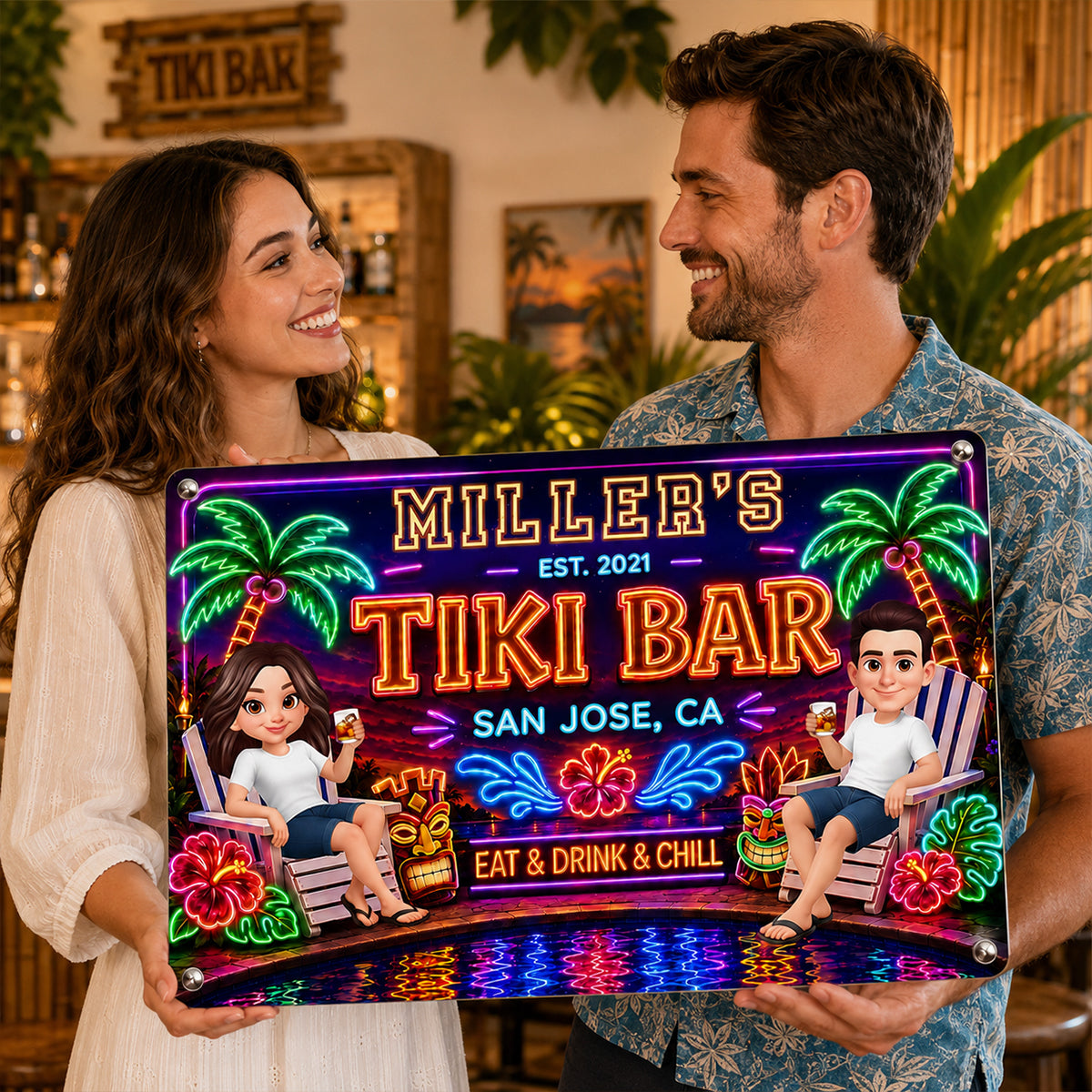 Custom Family Tiki Bar - Personalized Metal Sign - Outdoor Home Bar Decor, Eat Drink & Chill Sign, Backyard Patio Sign, New Home Gift