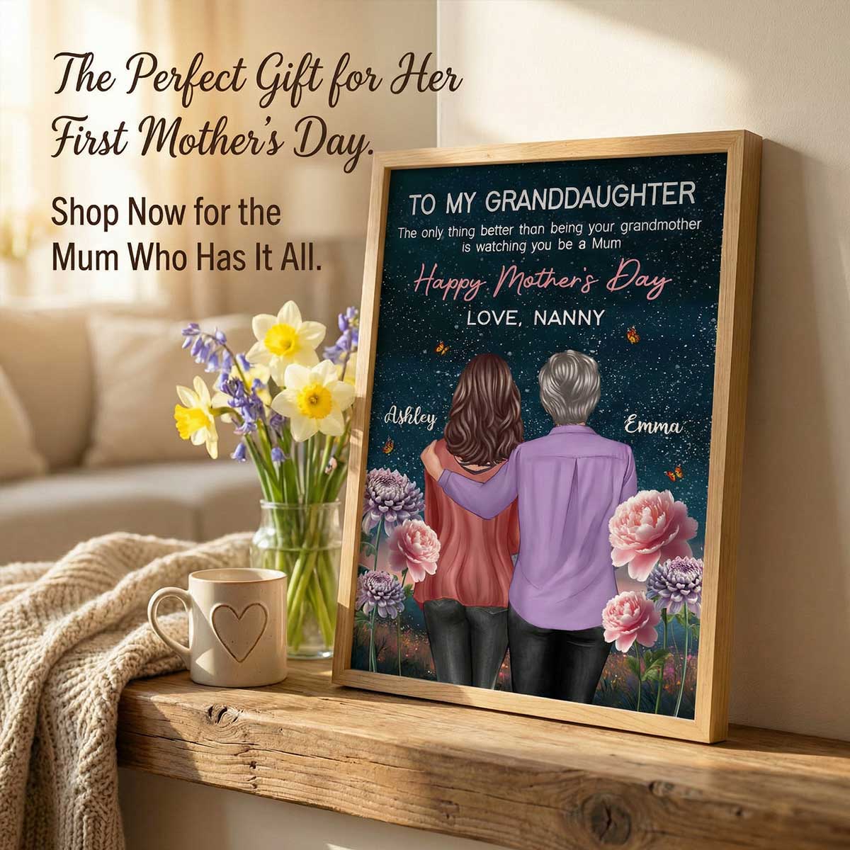 To My Granddaughter From Nanny Birth Month Flower Beautiful Hill At Night - Personalised Poster - Mother's Day Gift
