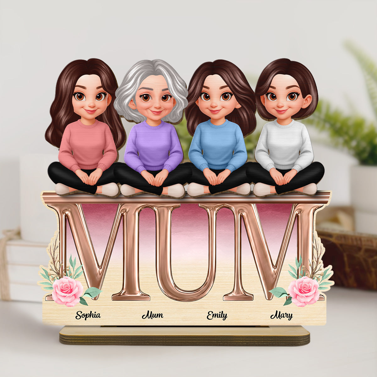 Floral MUM And Daughters Sons - Personalised 2-Layered Wooden Plaque - Gift For Mum