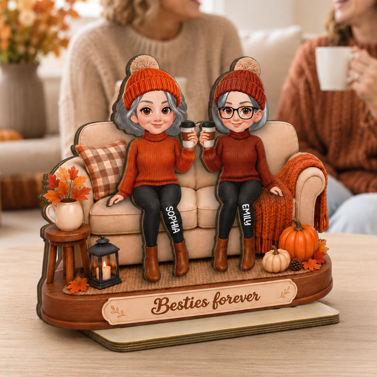 Besties Sisters Sitting On Sofa 2D Flat - Personalized Wooden Plaque - Fall Season Gift