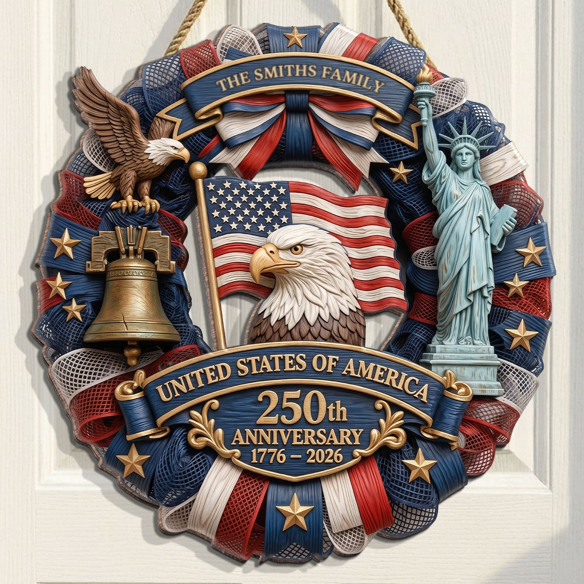1776-2026 Eagle Liberty Bell Wreath 2D Printed - Personalized Door Hanger - United States 250th Anniversary USA Patriotic Home Decor
