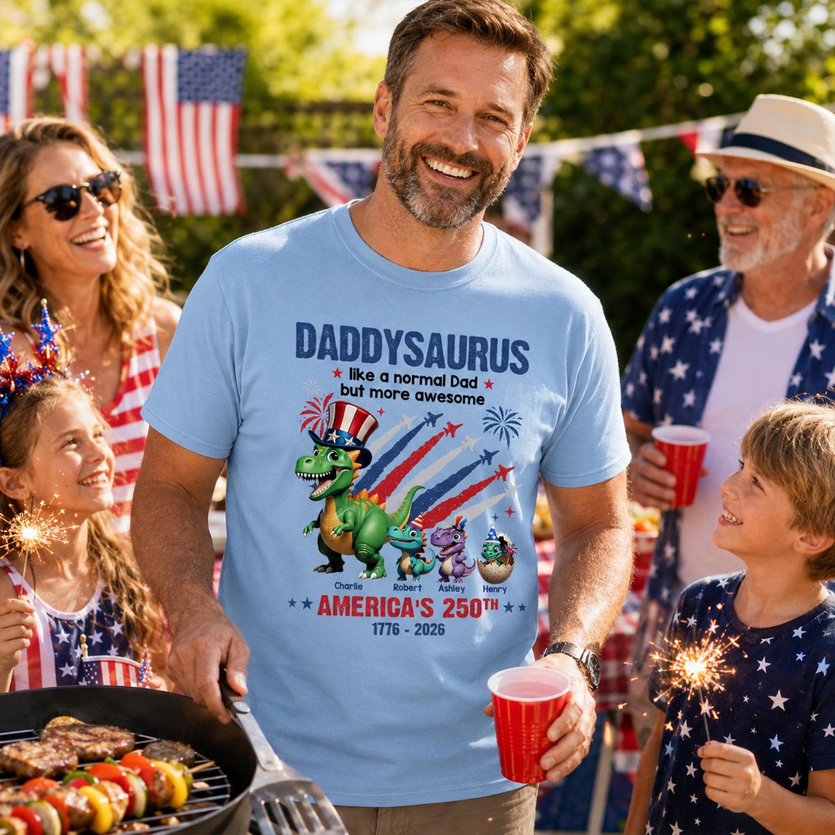 Grandpasaurus And Kids Patriotic Dinosaurs - Personalized Shirt - America's 250th Anniversary Keepsake