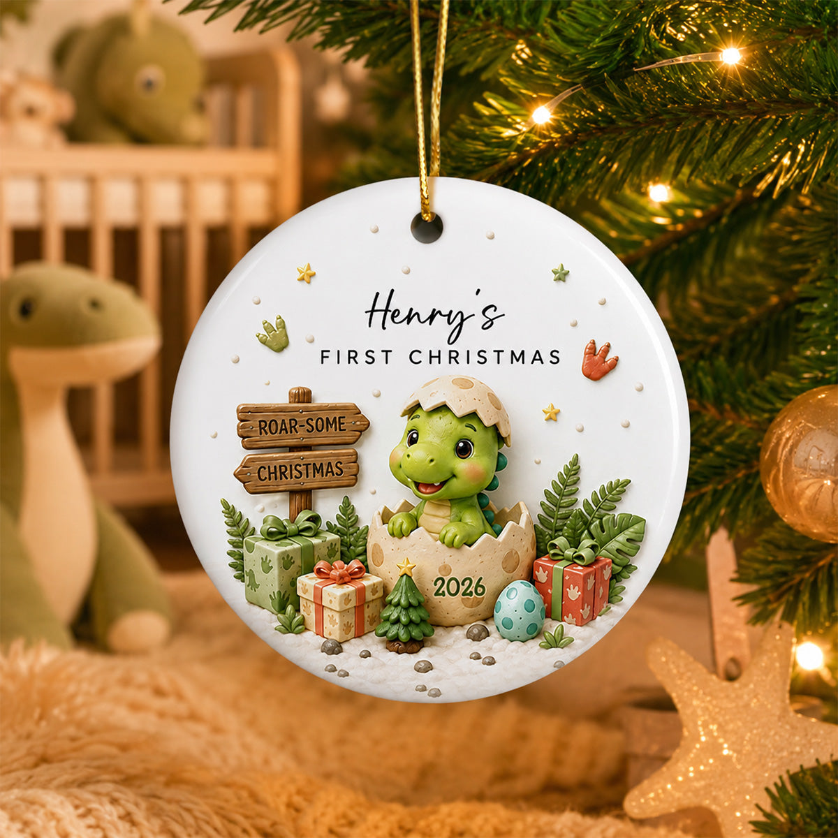 Baby Dinosaur First Christmas 2D Flat - Personalized Ceramic Ornament - Christmas Keepsake