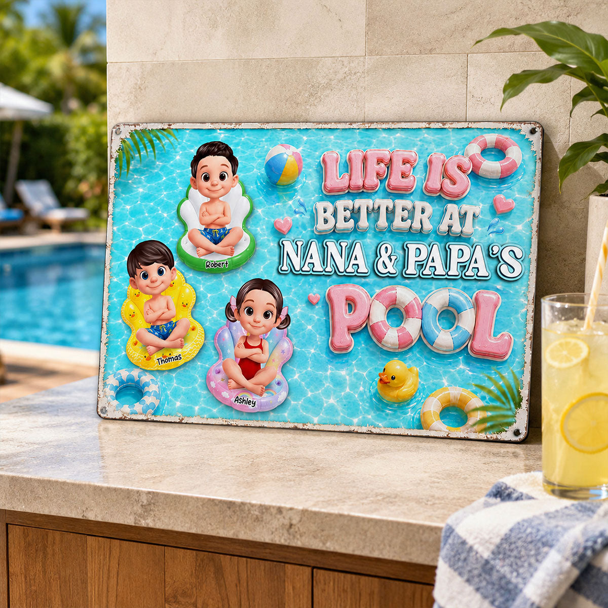 Pastel Life Is Better At Pool - Personalized Metal Sign - Gift For Grandparents, Summer Outdoor Pool, Porch, Patio, Bar Decoration