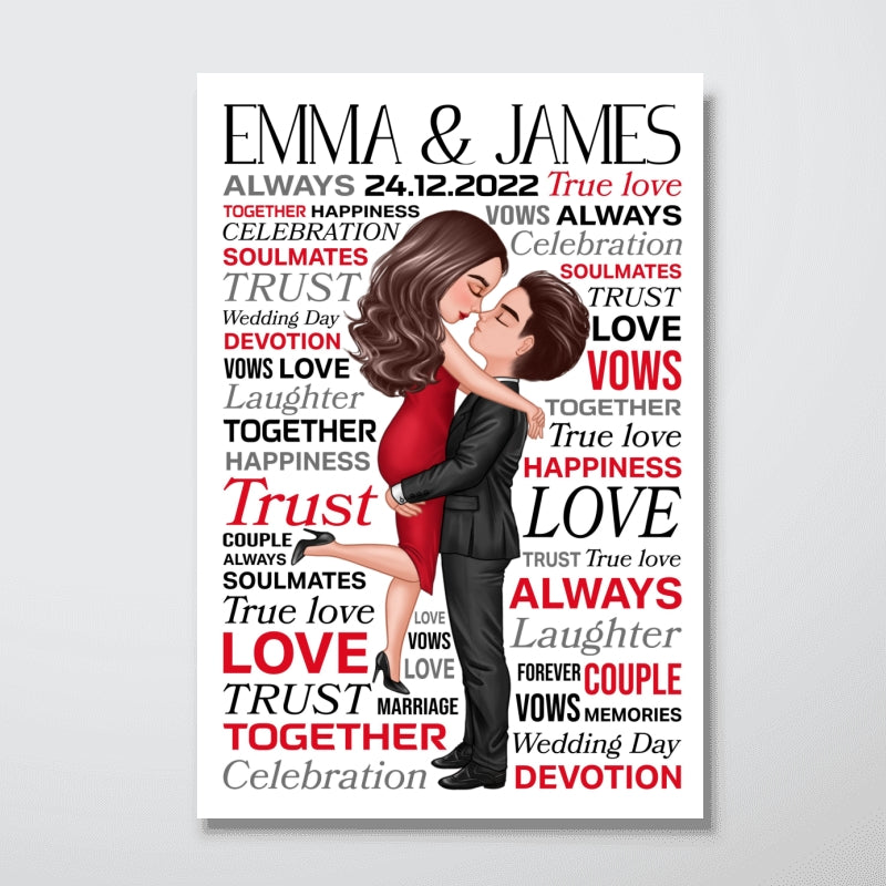 Typography Word Art Couple Hugging Kissing - Personalized Poster - Valentine's Day, Anniversary Gift For Her, Gift For Him