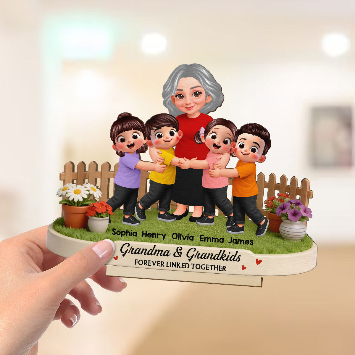 Grandma And Grandkids Happy Together In Backyard - Personalized 2-Layered Wooden Plaque - Gift For Grandma