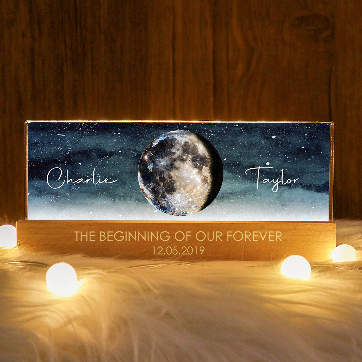 Couple Moon Phase The Beginning of Our Forever - Personalized Acrylic Block LED Night Light - Anniversary, Valentine's Day Gift for her, for him