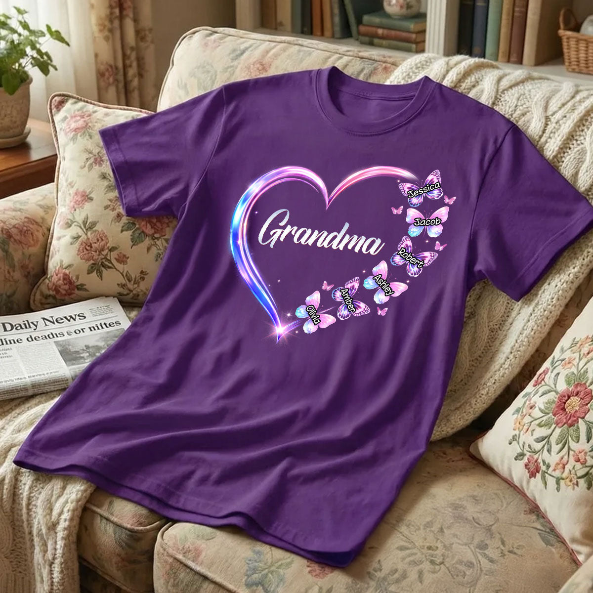 Grandma Mom Butterfly Heart with Kids' Names - Personalized Shirt - Sentimental Gift for Grandma, Mom