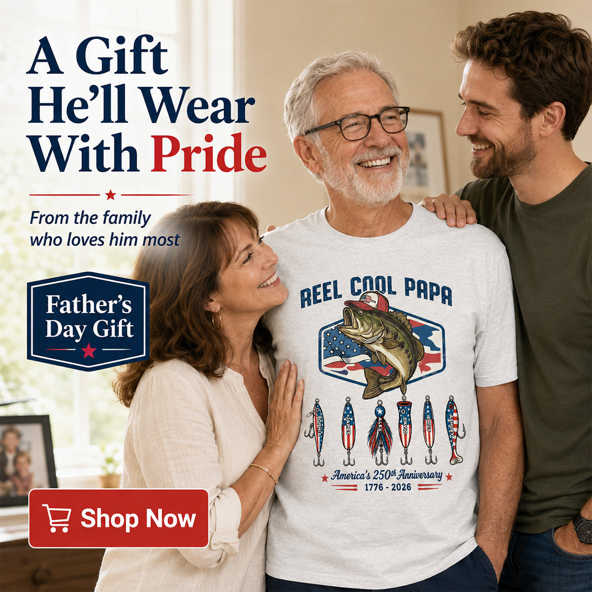 Reel Cool Dad Grandpa Custom Kid Names - Personalized Shirt - American 250th Anniversary Gift For Patriotics