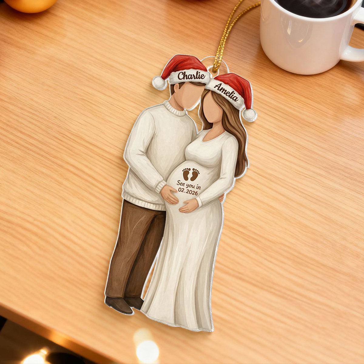 3D Effect Wooden Pregnancy Announcement - Personalized Acrylic Ornament - Heartwarming Christmas Gift For Couple, Family