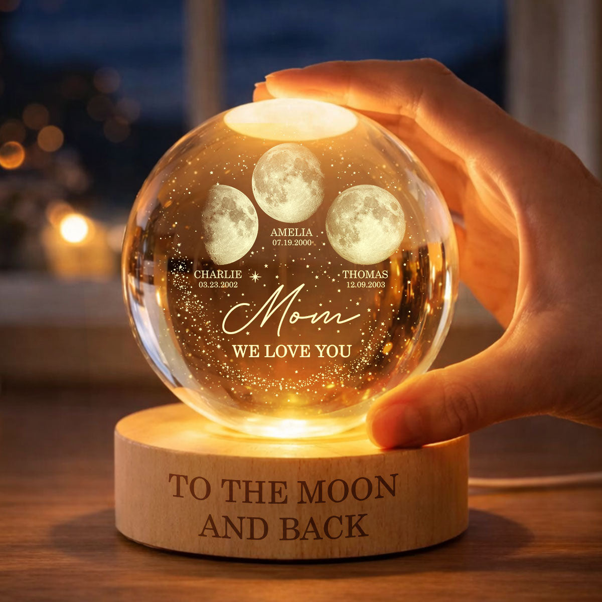 Love to the Moon and Back - Personalized Crystal Ball LED Night Light - Custom Moon Phase by Date, Mother's Day Gift for Mom, Wife