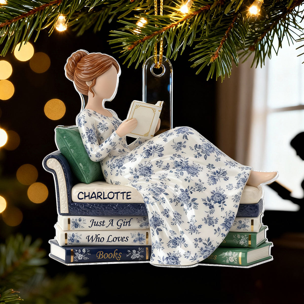3D Effect Girl Reading Books On Sofa Toile De Jouy Pattern - Personalized Acrylic Ornament - Christmas Gift For Book Lover, Bookworm
