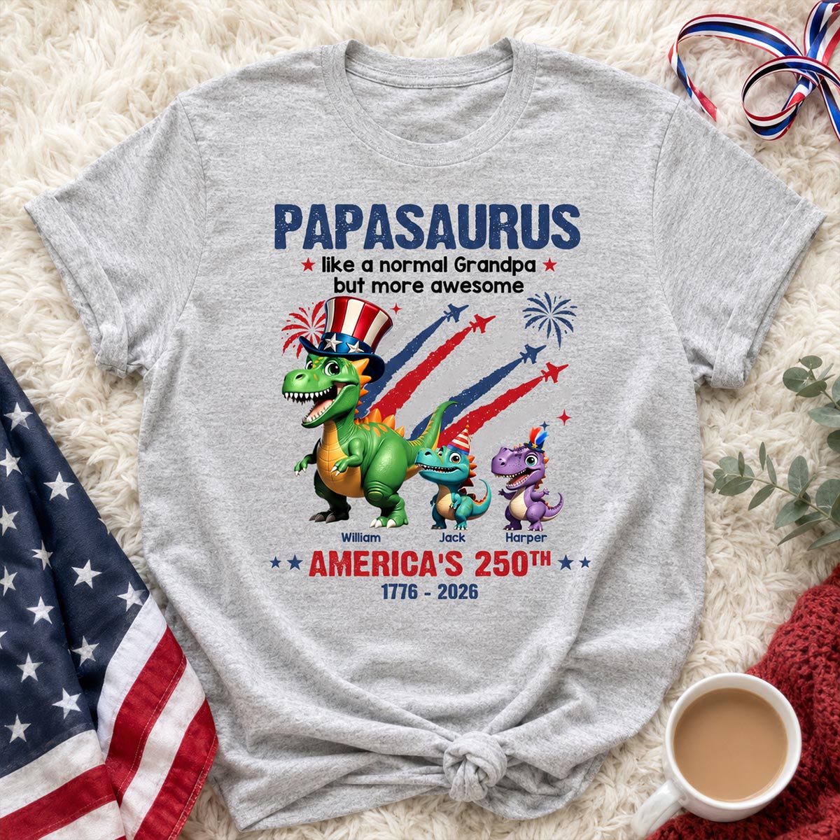 Grandpasaurus And Kids Patriotic Dinosaurs - Personalized Shirt - America's 250th Anniversary Keepsake