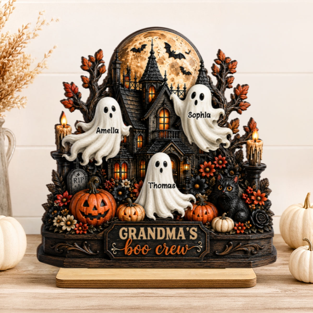 Grandma's Boo Crew - Personalized 2-Layered Wooden Plaque - Halloween Decor for Grandma