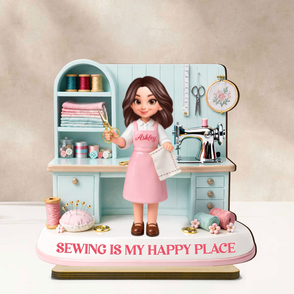 Sewing Is My Happy Place - Personalized 2-Layered Wooden Plaque - Gift For Mom, Grandma