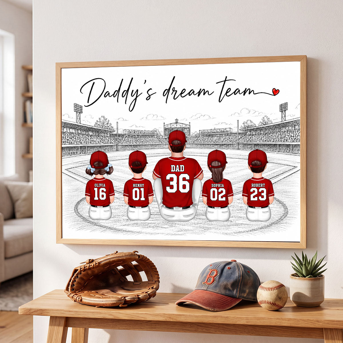Sketch Style Baseball Family Daddy's Dream Team - Personalized Poster - Father's Day Gift For Dad, Husband