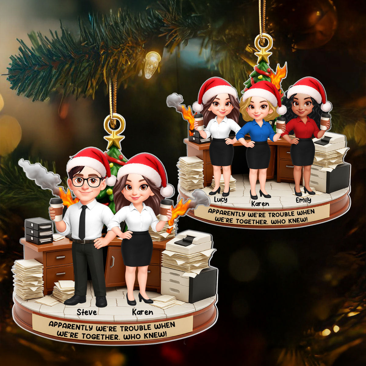 Office Chaos Funny Coworkers Trouble Together - Personalized Acrylic Ornament - Custom Employee Gift Exchange, White Elephant Gift