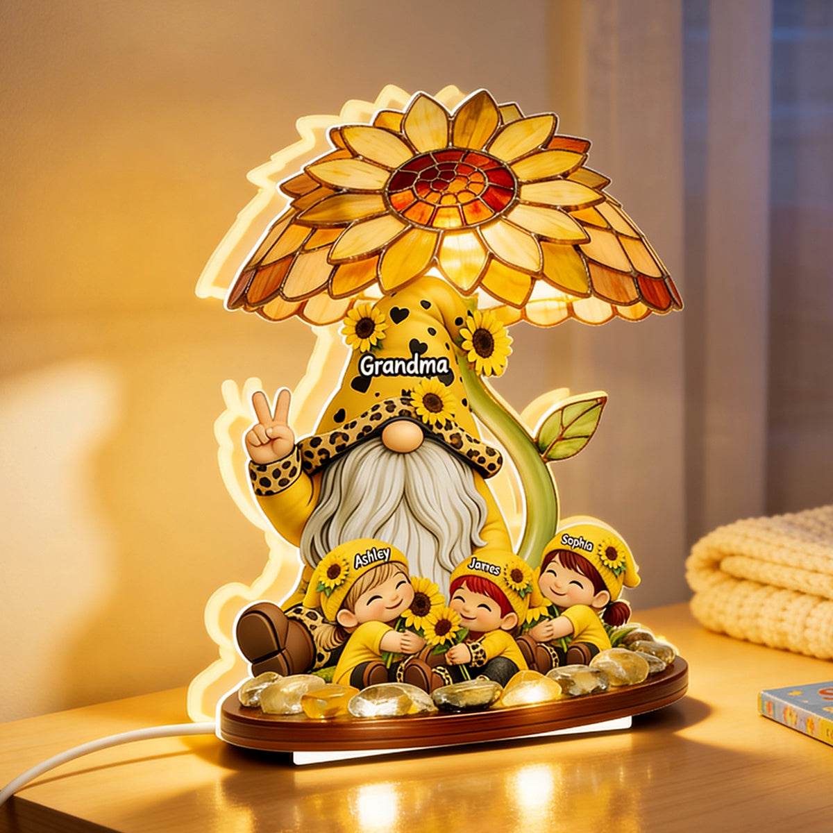 Sunflower Gnome Grandma Grandkids - Personalized Light Box - Mother's Day Gift for Grandma