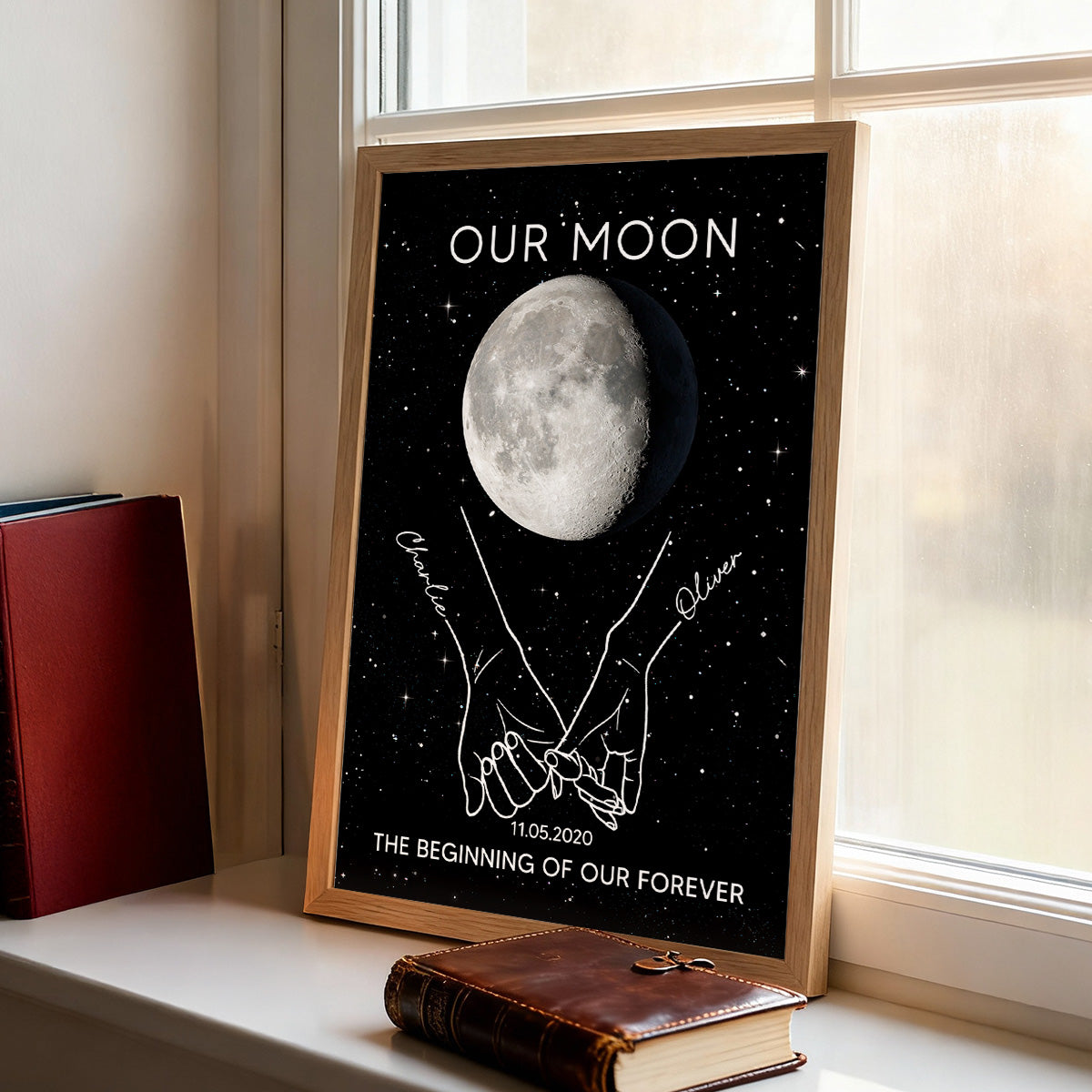 Couple Holding Hands Line Art Custom Moon Phase Anniversary Date - Personalized Poster - Gift For Couple