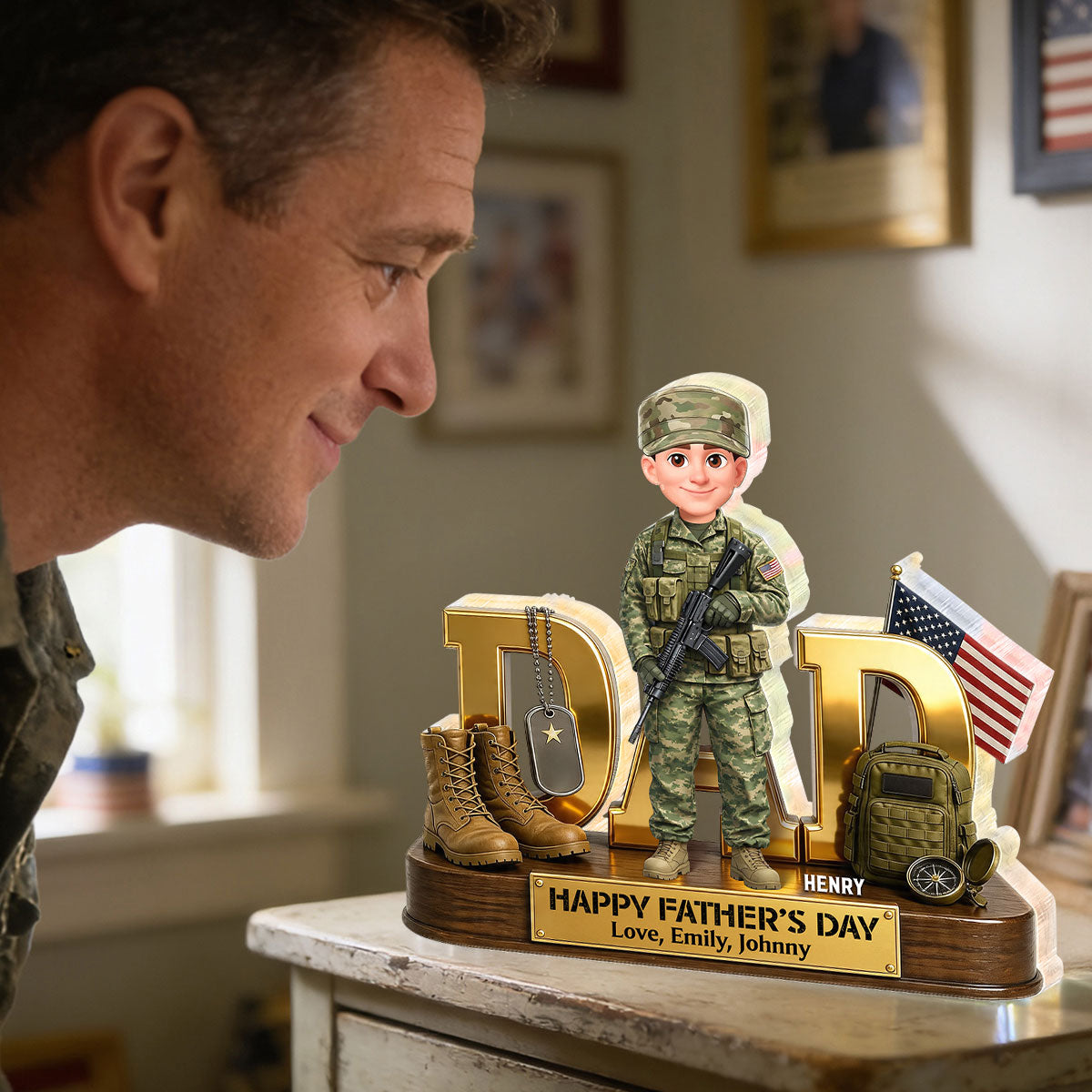 Proud American Military Armed Force Hero Dad 2D Flat - Personalized Acrylic Block Plaque -  Unique Trending  Gift For Dad, Husband