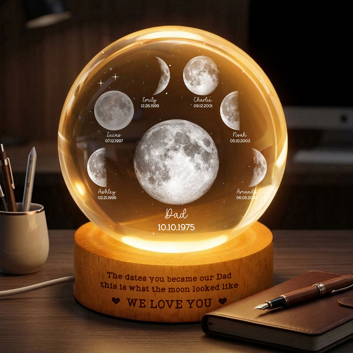 The Date You Became Our Dad - Personalized Crystal Ball LED Night Light - Custom Moon Phase by Date,  Gift for Dad, Husband