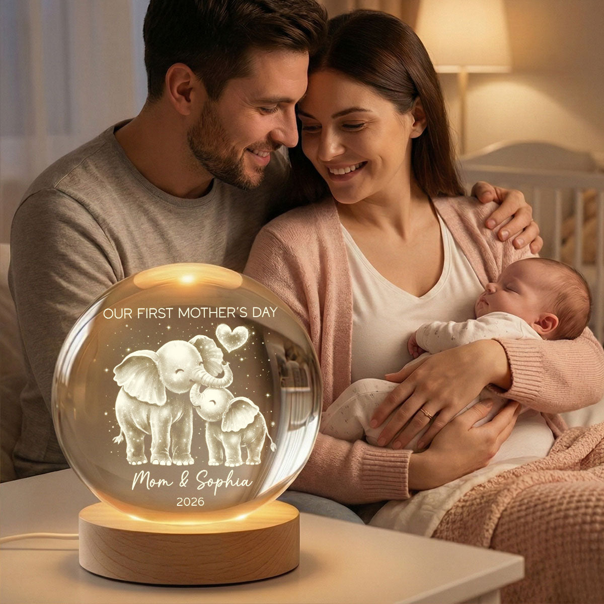 Elephant Mom And Baby Our First Mother's Day - Personalized Crystal Ball LED Night Light - First Mother's Day Gift For New Mom