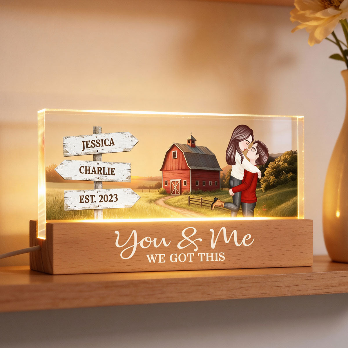Rustic Nostalgia Red Barn House Sign Posts Couple Hugging Kissing Farmhouse Decor - Personalized Acrylic Block Plaque LED Night Light - Heartfelt Valentine, Anniversary Gift For Him, For Her