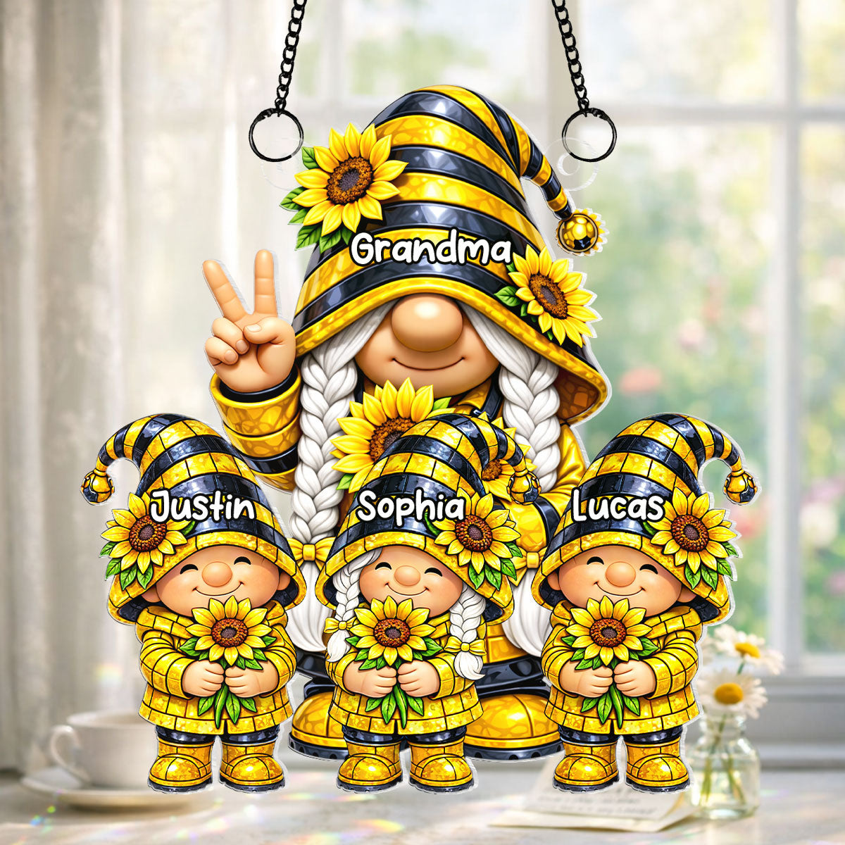 Grandma Grandkids Gnome Sunflower - Personalized Suncatcher - Gift For Grandma