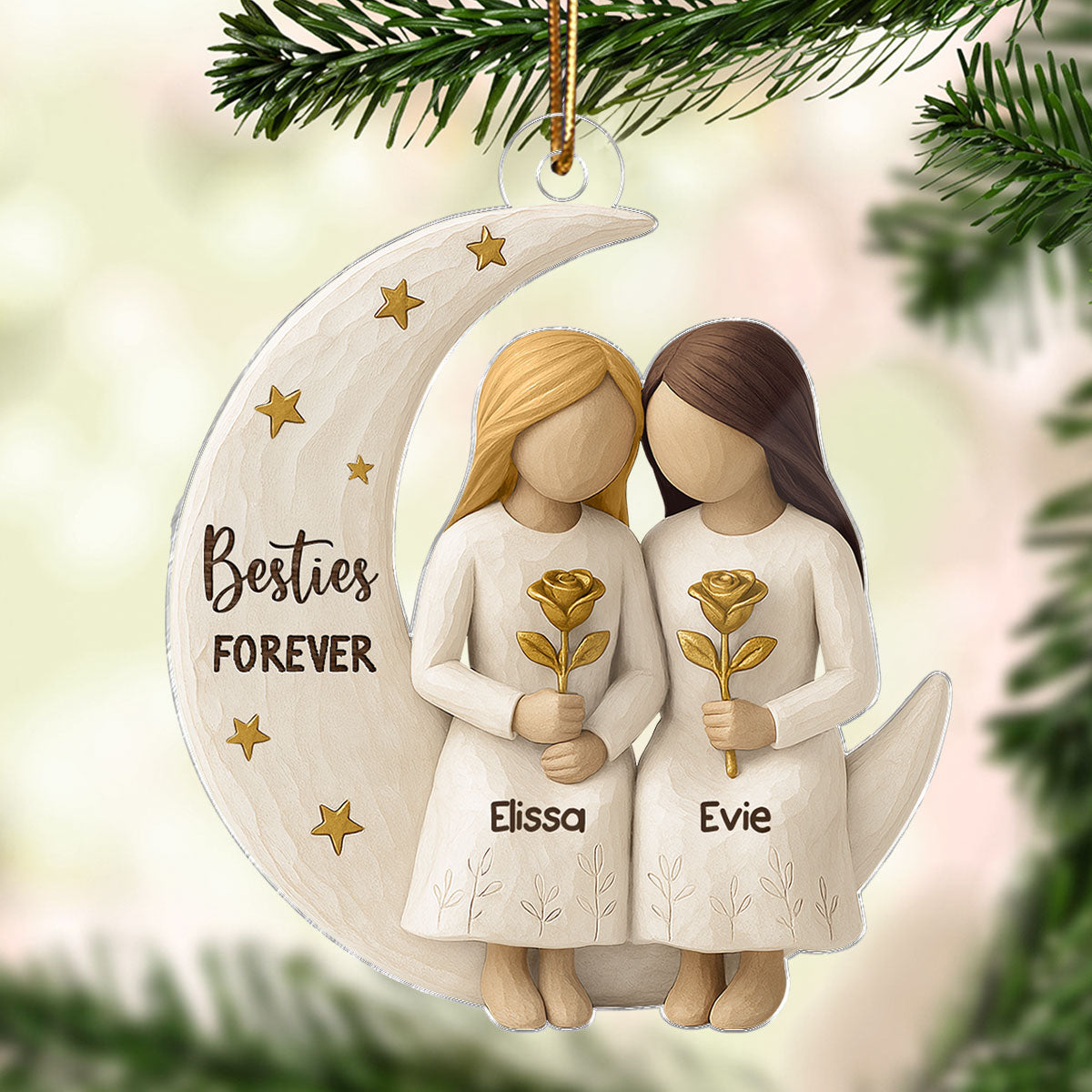 3D Effect Wooden Texture Stars Besties On Moon - Personalized Acrylic Ornament - Christmas Gift For Best Friends