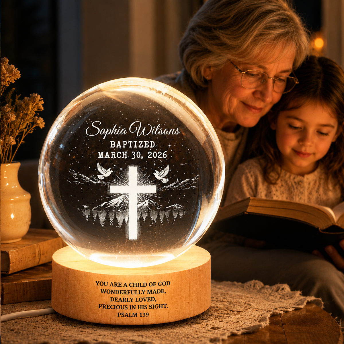 You Are a Child of God Baptism - Personalized Crystal Ball LED Night Light - Nursery Decor