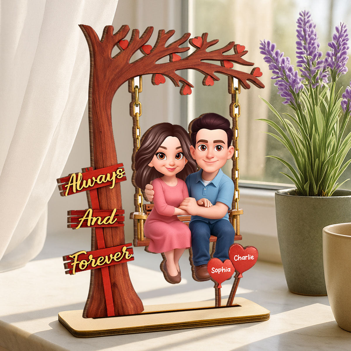 Always And Forever Couple On Swing - Personalized 2-Layered Wooden Plaque - Anniversary, Valentine's Day Gift, Gift For Him, Gift For Her