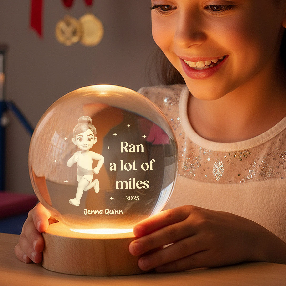 Ran A Lot Of Miles Running Boy Girl - Personalized Crystal Ball LED Night Light - Gift for Marathon Runner, Track Senior Night Gift