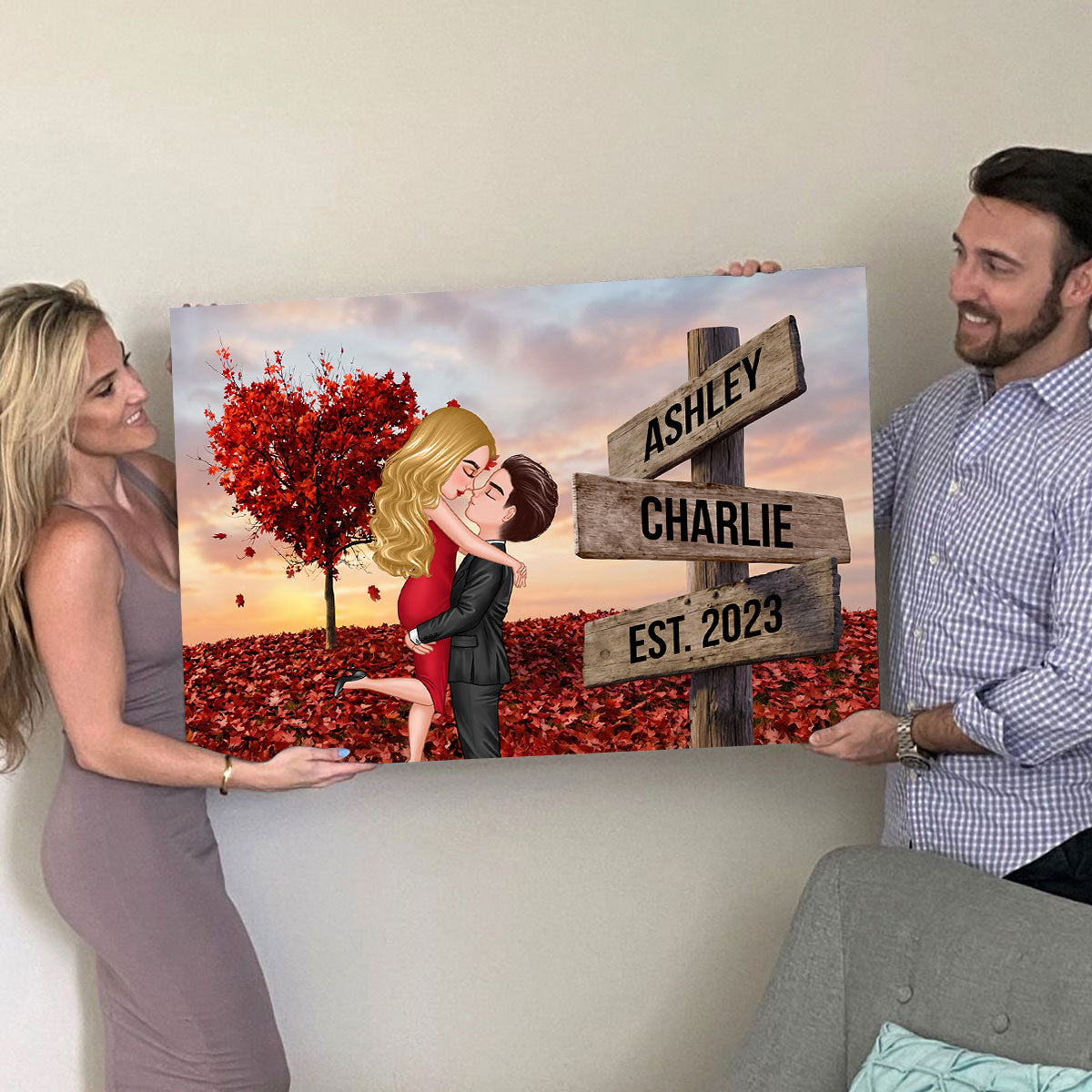 Couple Hugging Kissing Sign Post - Personalized Poster - Heartfelt Gift For Him, Her, Wife, Husband, Couple