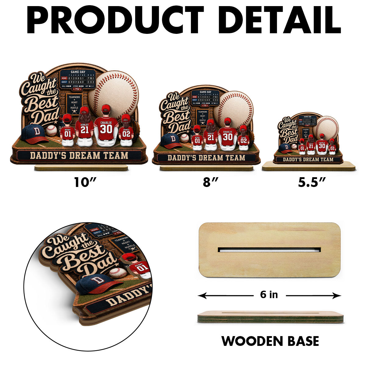 Baseball Things Dad & Kids Back View Sitting 2D Flat - Personalized 2-Layered Wooden Plaque - Happy  For Baseball Dad