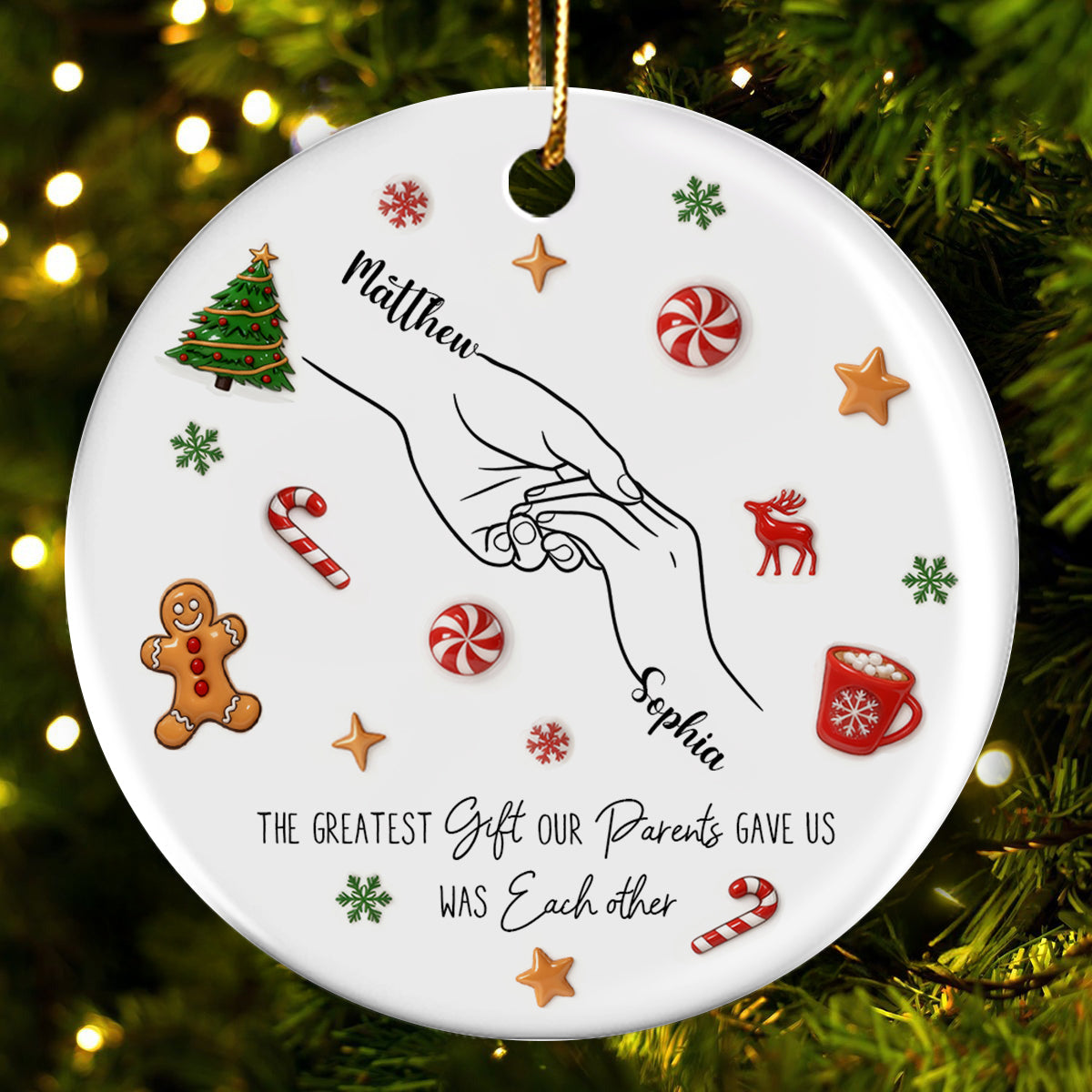 Sibling Hands Line Art - Personalized Ceramic Ornament - Christmas Gift For Brother, For Sister