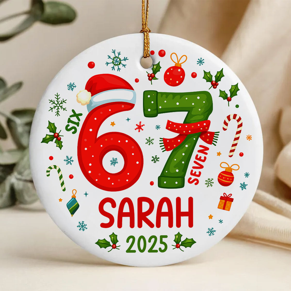 Custom Six Seven 67 Gen Z Funny Slang Teen Keepsake - Personalized Ceramic Ornament - Christmas Gift for Daughter, Son, Grandkids