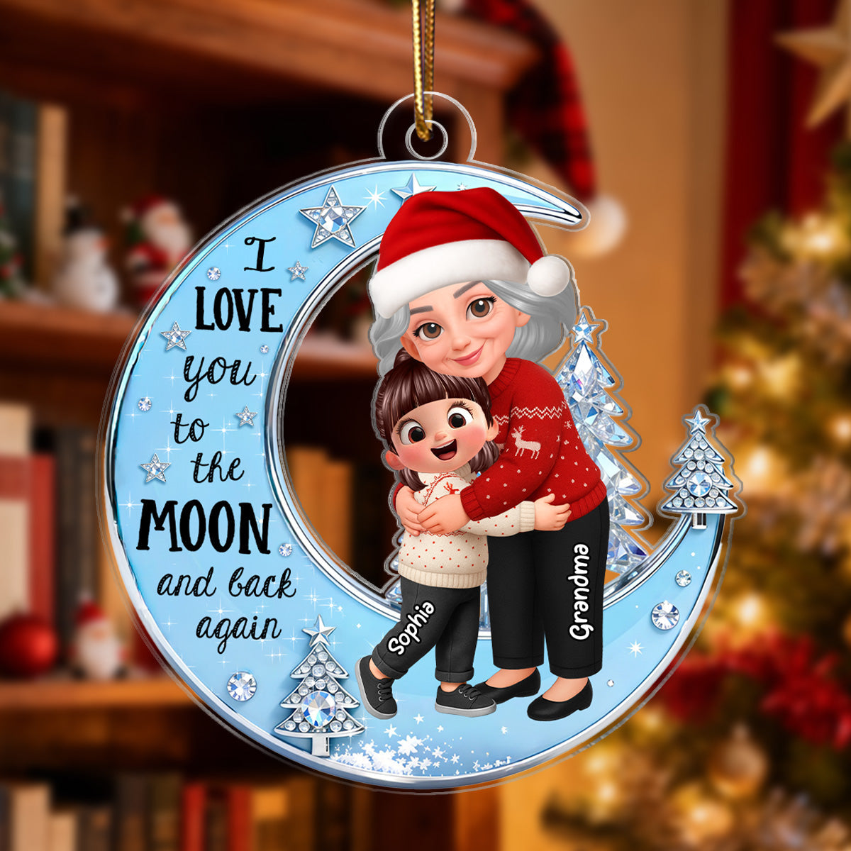 3D Shining Effect Grandma Grandkid On Moon - Personalized Acrylic Ornament - Gift For Granddaughter, Grandson