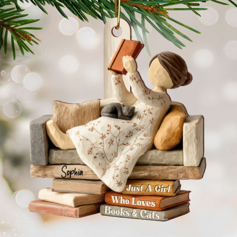 Life Is Better With Books & Cats 3D Effect - Personalized Wooden Ornament - Christmas Gift For Book Lover, Bookworm