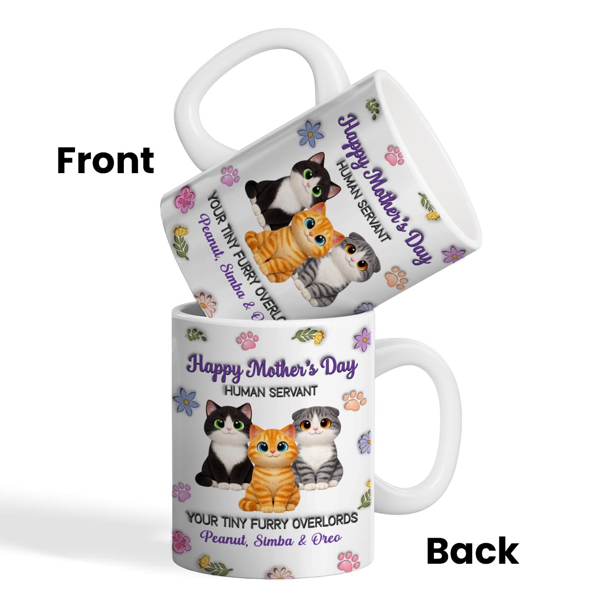 Adorable Cats Happy Mother's Day Human Servant 2D Flat Floral - Personalized Mug - Funny Mother's Day Gift For Cat Mom, Cat Lovers
