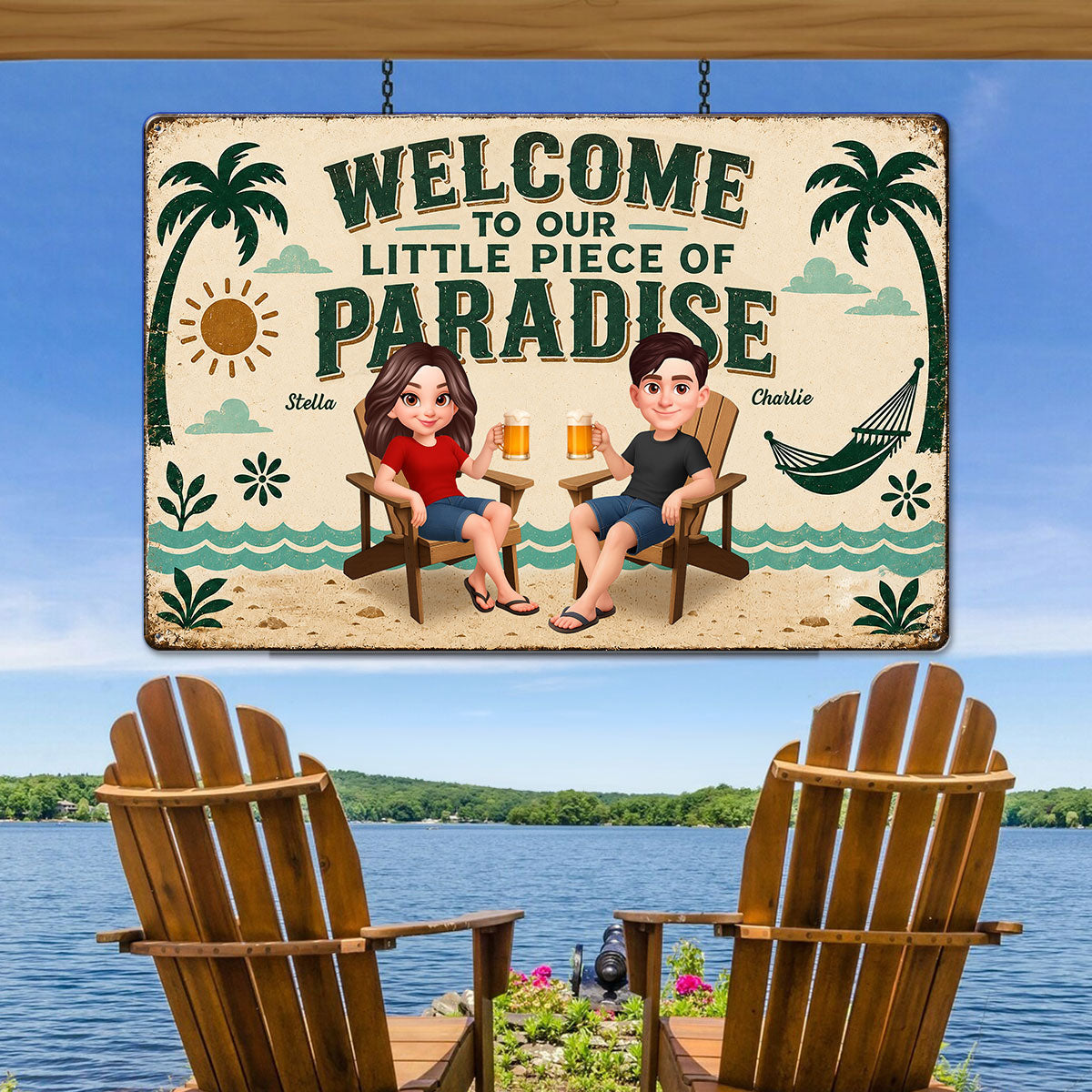 Couple Welcome To Our Little Piece Of Paradise - Personalized Metal Sign - Summer Pool Patio Decoration