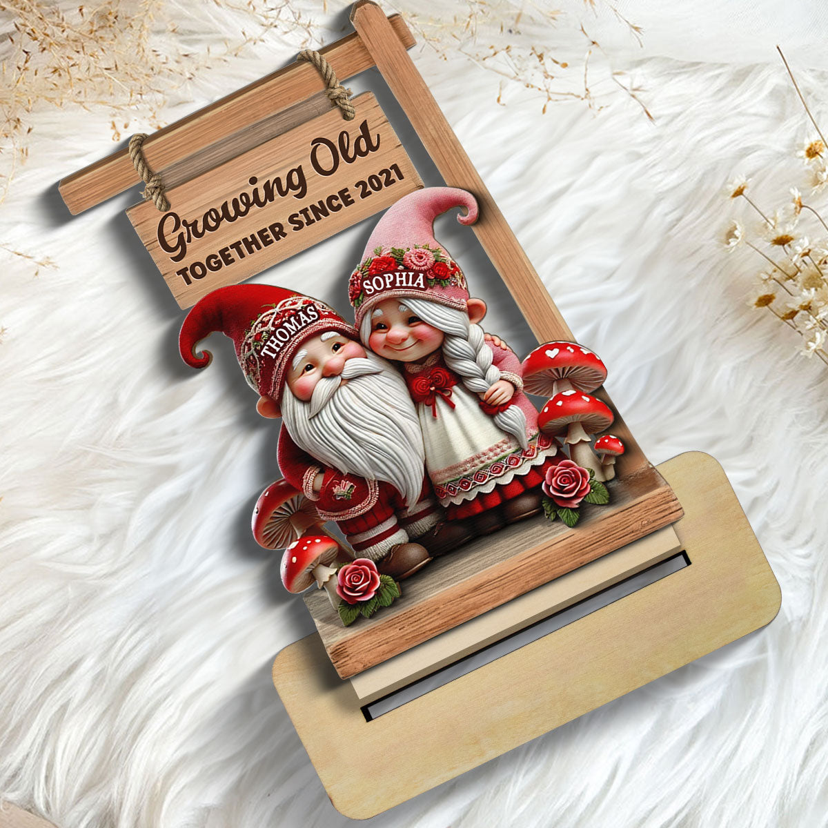 3D Effect Valentine Theme Gnome Couple Standing - Personalized 2-Layer Wooden Plaque - Gift For Him, Gift For Her