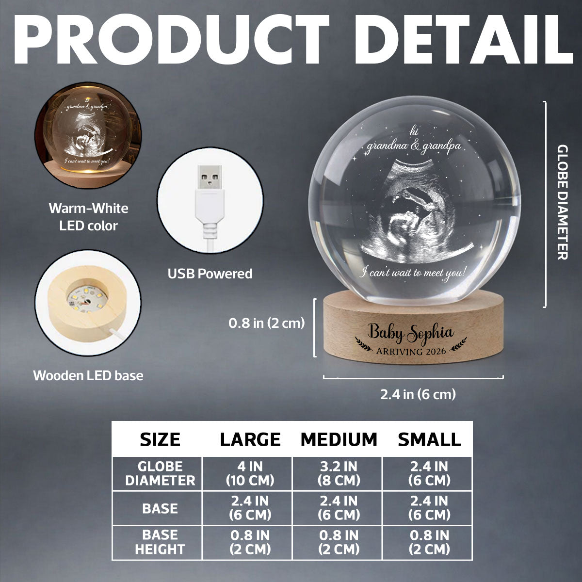 Baby Arriving Custom Baby Ultrasound - Personalized Crystal Ball LED Night Light - Pregnancy Reveal, Mother's Day Gift for 1st Time Grandma
