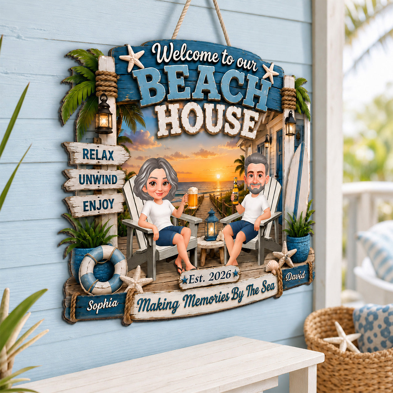 Welcome To Our Beach House - Personalized Wood Sign - Gift For Couple, Summer Decoration