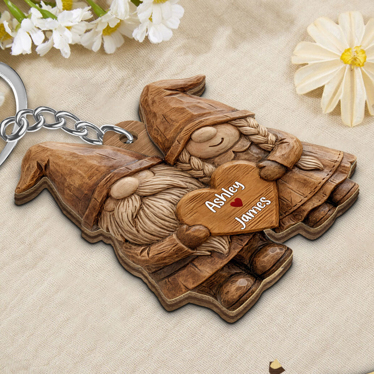 3D Effect Gnome Couple Standing - Personalized Wooden Keychain - Anniversary, Valentine's Day Gift For Him, Gift For Her