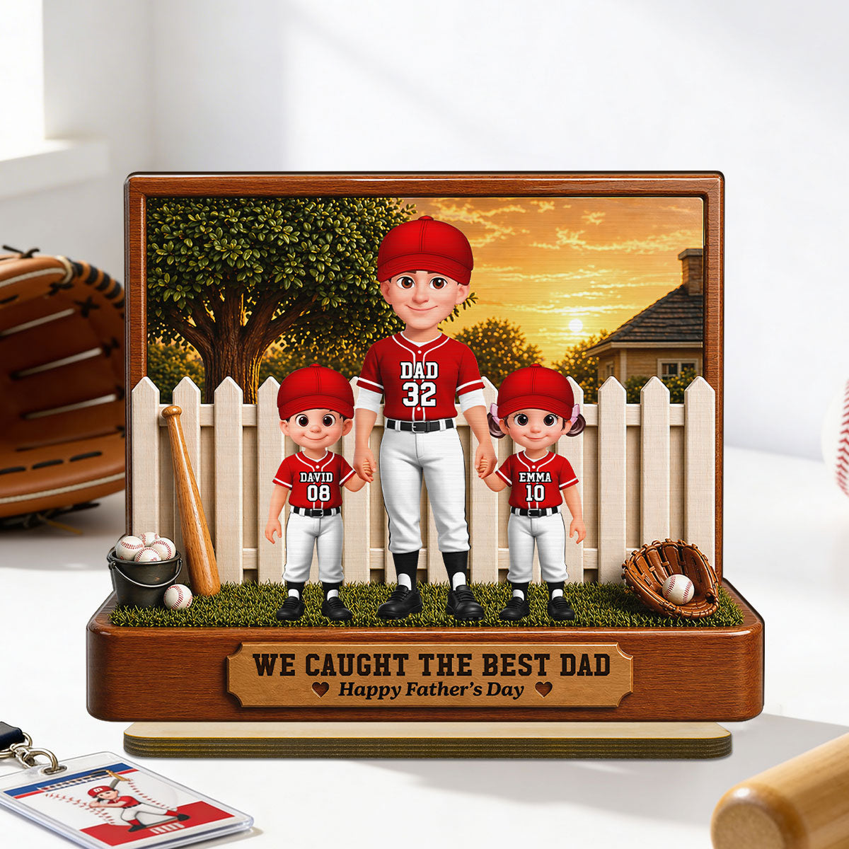 Baseball Dad And Kids Backyard We Caught The Best Dad - Personalized 2-Layered Wooden Plaque -  Gift For Dad