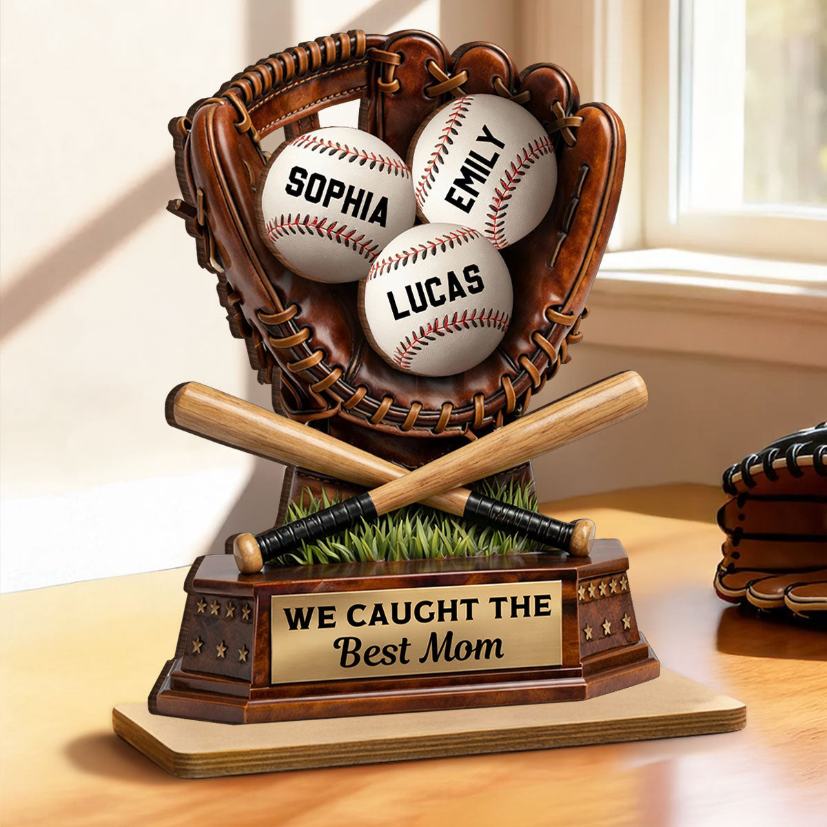 Caught The Best Mom Baseball - Personalized 2-Layered Wooden Plaque - Gift For Baseball Mom